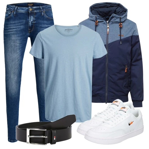 Weiß Schuh Sneaker/Leder Sneaker Nike Sportswear kombinieren mit Blau Hose Jack & Jones