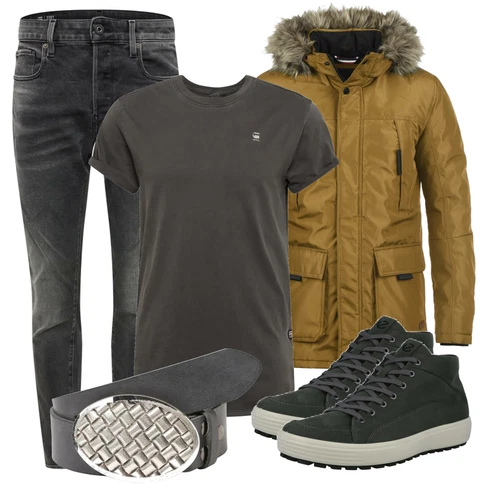 Braun Winterjacke Produkt kombinieren mit Grau Gürtel