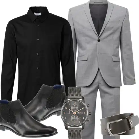 Schwarz Business Hemd DAN FOX APPAREL kombinieren mit Grau Anzug Jack & Jones