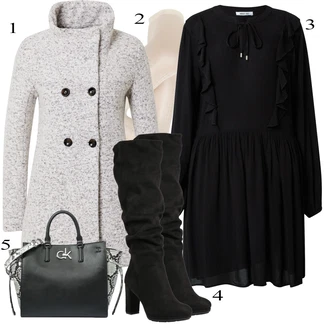 Outfit s Černá Halenkové Šaty/Zimní šaty s dlouhým rukávem/Pouzdrové Šaty S Dlouhým Rukávem/Volánové šaty/Šaty S Kosticí/Šaty Niki/Francouzské šaty About You "Elegantní vzhled"