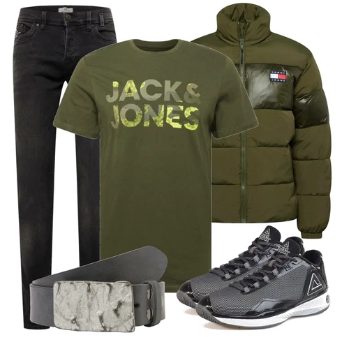 Schwarz Winterjacke Tommy Jeans kombinieren mit Grau Gürtel
