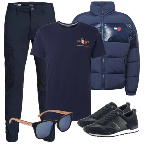 Blau Sonnenbrille kombinieren mit Blau Sommerjacke Tommy Jeans
