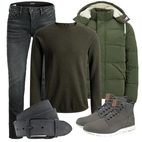 Schwarz Winterjacke Jack & Jones kombinieren mit Schwarz/Grau Gürtel Vanzetti