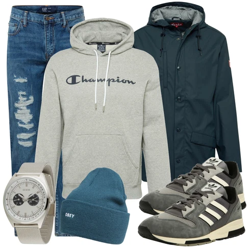 Grau Uhr Guess kombinieren mit Schwarz Sommerjacke Derbe