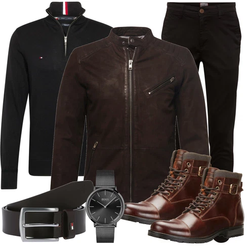 Schwarz Lederjacke Jack & Jones kombinieren mit Schwarz Accessoire Gürtel Tommy Hilfiger, Schwarz/Grau Accessoire Uhr Boss