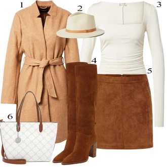 Festival Outfit s Hnědá/Tmavě hnědá Krátká Sukně/Sukně z umělé kůže/Manšestrová Sukně/Kožená MiniSukně/70tá Léta MiniSukně/Kožená Sukně VERO MODA "Podzimní Look"Look: Bar, Karneval, Koncert, Festival, Matriční úřad, Párty