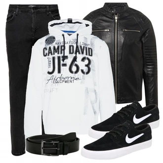 Outfit mit Schwarz/Weiß Lederjacke Jack & Jones "Freizeit Outfit"