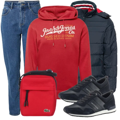 Rot Schultertasche Lacoste kombinieren mit Schwarz Sommerjacke Indicode Jeans