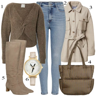 Klasické Outfit s Modrá/Světle modrá Džíny s Rozparkem/Navlékací džíny/Dámské Džíny s Délkou 7/8/High Waist Džínové Kalhoty/Zkrácené Džíny/Kotníková Bota/Kožená bunda/Push up Džín Only "Trendový podzimní outfit"Look: Styl, 90tá léta, Klasické, Cool, Disko, Krásný, Old Money