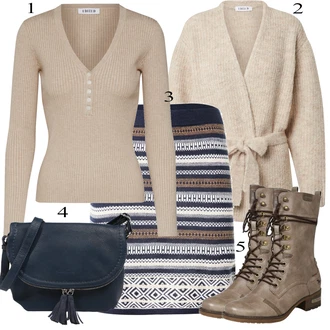 Výstřih henley Outfit s Béžová/Hnědá/Khaki Basic Svetr/Svetr Carmen/Kašmírový Svetr/Kašmírový Svetr/Pletený Svetr/Svetr Niki/Polo Svetr/Jednoduchý Svetr/Svetr s V-výstřihem/Vlněný Svetr Edited "Trendový podzimní outfit"