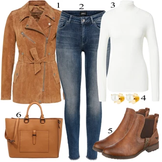 Outfit s Hnědá/Béžová Chelsea Boty/Kožená bunda/Plochá Kotníková Bota/Jezdecká Bota Mustang "Praktický vzhled"