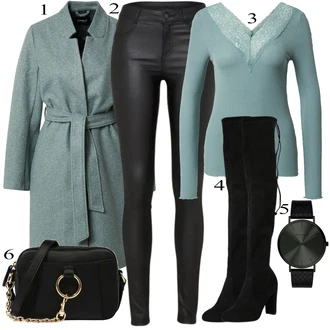 Sexy Outfit s Černá Kozačka nad Kolena/Kožená Kozačka nad Koleno/Dlouhá Kozačka/Plochá kozačka nad koleno/Kozačka po Kolena About You "Elegantní vzhled"Look: Ležérní, Elegantní, Cool, Slavnostní, Old Money, Příliš oblečený, Sexy