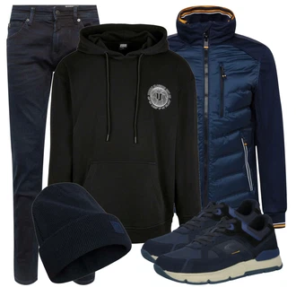 Outfit mit Blau/Schwarz Große Größe Sweatmode Urban Classics "Praktischer Look"