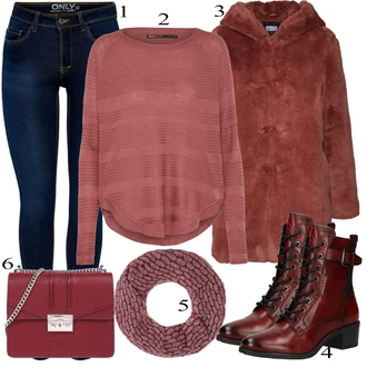 Outfit s Červená/Vínová/Tmavě červená Sametová bunda/Podzimní bunda/Parka Přechodová Bund/Udržitelná bunda/Neobvyklá bunda/Plyšová Bund/Manšestrová Bunda/Bunda z Umělé Kožešiny About You "Ulice Styl Outfit"