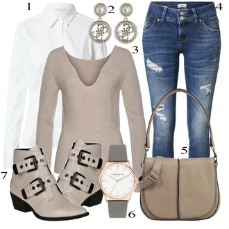 Ležérní outfity 60. Let s Béžová/Šedá/Hnědá/Fialová/Khaki Kašmírový Svetr/Svetr z Jemné Pleteniny/Jednoduchý Svetr/Termo Svetr/Svetr s V-výstřihem/Vlněný Svetr/Svetr s přehozem Lascana "Cool outfity na volný čas"Look: 60. Let, Egirl, Kancelář, Bezešvé, Univerzitní