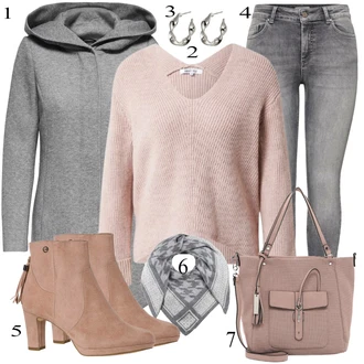 Kašmír Outfit s Šedá/Pastelové barvy Šátek Zwillingsherz "Trendový podzimní outfit"