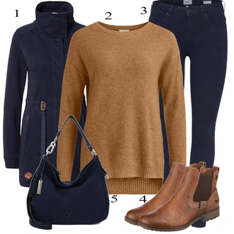 Outfit s Hnědá/Béžová Chelsea Boty/Kožená bunda/Plochá Kotníková Bota/Jezdecká Bota Mustang "Praktický vzhled"