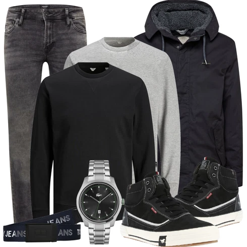 Schwarz Winterjacke Ragwear kombinieren mit Schwarz Gürtel Tommy Jeans