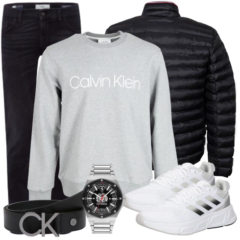 Grau Sweatshirt kombinieren mit Schwarz Gürtel Calvin Klein