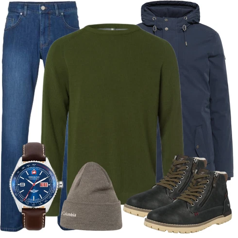 Schwarz Wintermantel/Winter Parka kombinieren mit Blau Jeans Brax