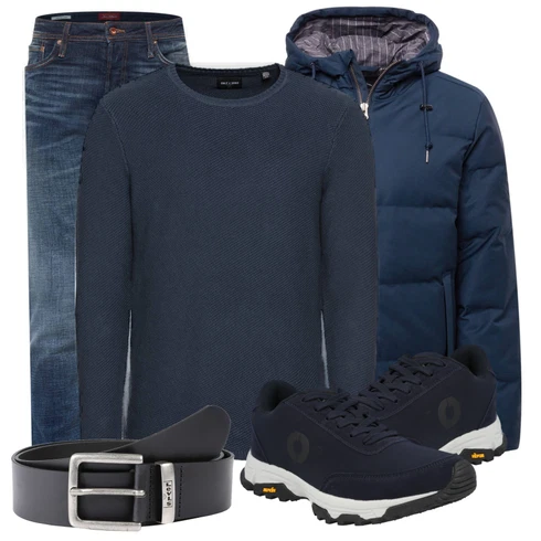 Schwarz/Blau WinterJacke Derbe kombinieren mit Schwarz Jeans Jack & Jones