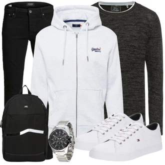 Outfit mit Grau/Weiß Sneaker/Leder Sneaker Tommy Hilfiger "Freizeit Outfit"