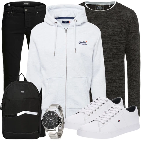 Schwarz Hose Jack & Jones kombinieren mit Grau/Weiß Schuh Sneaker/Leder Sneaker Tommy Hilfiger