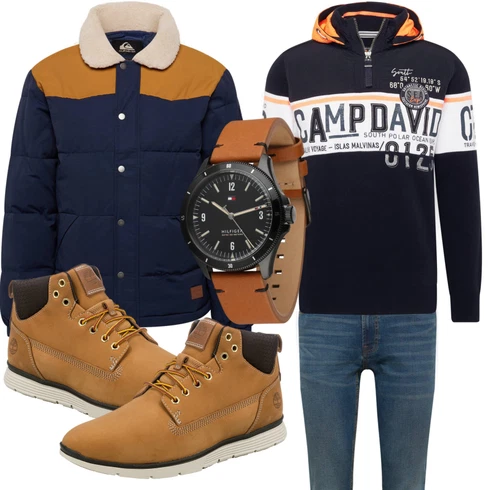 Blau Jeans denim project kombinieren mit Braun Schuh Stiefel Timberland