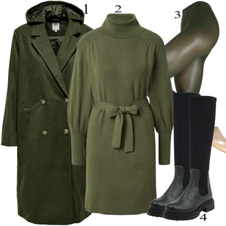 Outfit s Tmavě zelená/Zelená Kabát z Kabanosu/Midi Kabát/Lodenový kabát/Trenčkot/Vojenský Kabát Only "Zimní outfity"