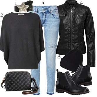 Outfit s Černá/Modrá/Tmavě Modrá Chelsea Boty/Plochá Kotníková Bota/Kožená bunda Tamaris "Praktický vzhled"