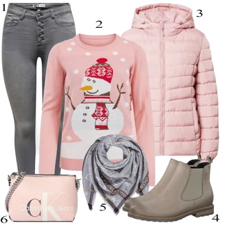 Outfit s Růžová/Béžová/Modrá/Pastelové barvy Vánoční svetr/Svetr Niki Vila "Ulice Styl Outfit"