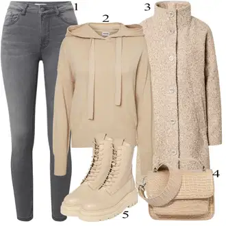 Outfit s Béžová/Khaki Pletený Fleecový Kabát/Kabát Bouclé/Tweedový Kabát/Teddy Kabát/Vlněný Fleecový Kabát Only "Praktický vzhled"