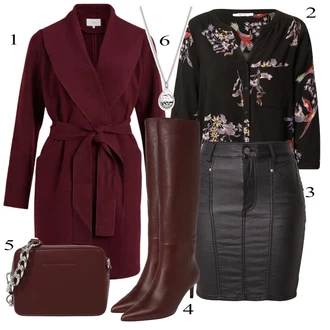 Outfit s Černá/Hnědá/Vínová/Červená/Fialová Halenka s Potiskem/Zavazovací Halenka/Tunikové Tričko/Vzorovaná Halenka/Dlouhá Halenka/Oversize Halenka About You "Elegantní vzhled"