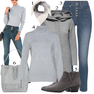 Vintage Outfit s Modrá/Tmavě modrá/Světle modrá Kožené Boty/Zkrácené Džíny/Push up Džín/Kotníková Bota/Navlékací džíny/Capri Džíny/Dámské Džíny s Délkou 7/8/Kožená bunda Lascana "Ulice Styl Outfit"Look: Ležérní, Cool, Krásný, Old Money, Skromné, Vintage