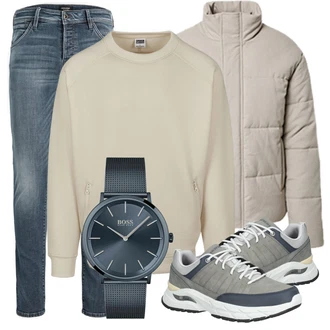 Outfit mit Weiß/Grau/Beige Hoodie Sweatshirt Urban Classics "Perfekt für die Freizeit"