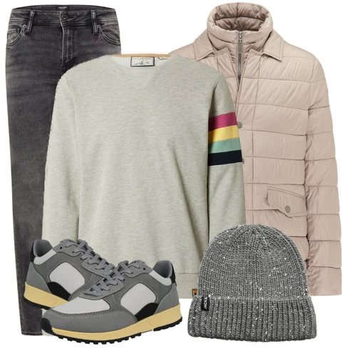 Beige WinterJacke kombinieren mit Schwarz Jeans Jack & Jones