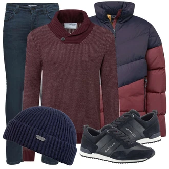 Outfit mit Rot/Schwarz Strickjacke SELECTED HOMME "Praktischer Look"