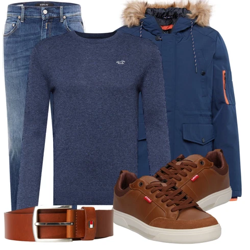 Blau Winterjacke Indicode Jeans kombinieren mit Rot Gürtel Tommy Hilfiger
