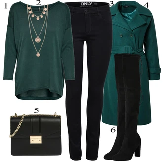 Sexy Outfit s Černá Kozačka nad Kolena/Kožená Kozačka nad Koleno/Dlouhá Kozačka/Plochá kozačka nad koleno/Kozačka po Kolena About You "Zimní outfity"Look: Ležérní, Elegantní, Cool, Slavnostní, Old Money, Příliš oblečený, Sexy