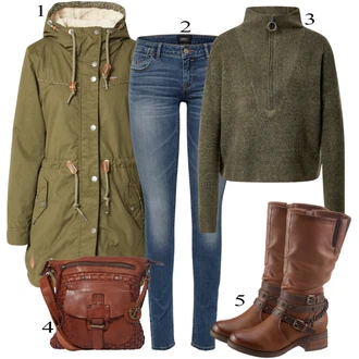 Kovbojka Outfit s Tmavě hnědá/Béžová/Hnědá Kozačka Bota se širokým nohavici/Kozačka se zipem/Motorkářská bota/Jezdecká Bota/Motorkářská Bota Mustang "Zimní outfity"Look: Venkovský styl, Kovbojka, Steampunk, Western