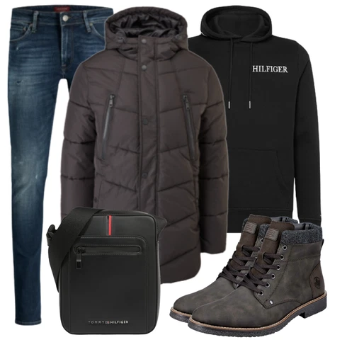 Schwarz Jacke Winter Parka qs kombinieren mit Schwarz Jeans Jack & Jones