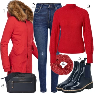 Kombinacije za zimu sa Crvena Šal Zwillingsherz "Trendi zimski outfit"