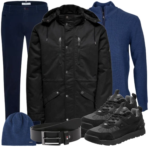 Schwarz Winter Parka Only & Sons kombinieren mit Schwarz Gürtel Tommy Hilfiger