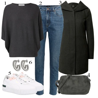 Outfit s Modrá/Světle modrá Push up Džín/Zkrácené Džíny/Džíny s Rozparkem/Zužující se Džíny/Mom Jean/High Waist Džínové Kalhoty/Zimní bunda VERO MODA "Praktický vzhled"
