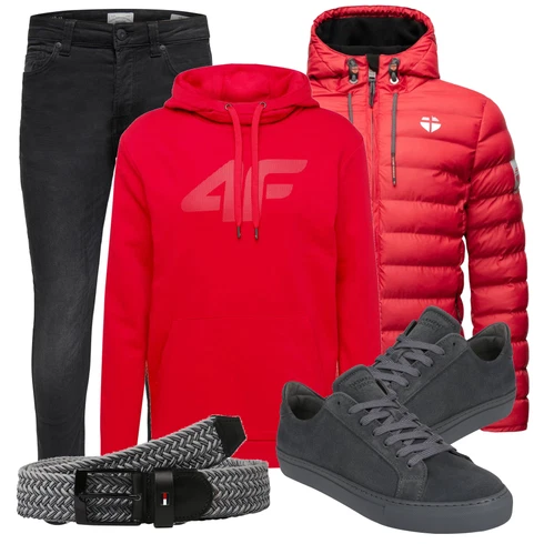 Rot Winterjacke/Winter Parka stone harbour kombinieren mit Schwarz/Grau Gürtel Tommy Hilfiger