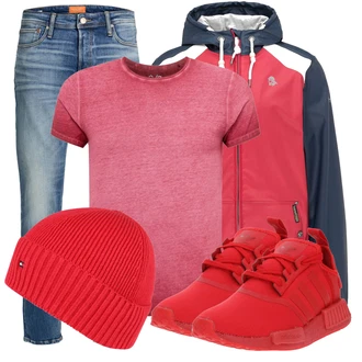 Outfit mit Rot Regenjacke Schmuddelwedda "Alltagsoutfit"