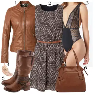 Úzký Outfit s Hnědá Kožené Bund/Kožená Kalhoty/Bunda/Podzimní bunda/Kožený legíny/Teniska Kožené Tenisky/Kožená Minisukně/Kožená Sukně Oakwood "Business Casual"