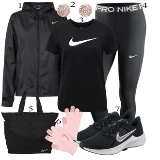 Kombinacije za sport sa Crna Sportska Jakna Nike, Crna Ležerna majica Nike, Crna Nike, Crna Torba Nike, Pink/Bež/Plava Nekategorizirano Nike, Crna Tenisica Nike "Outfit za trening"