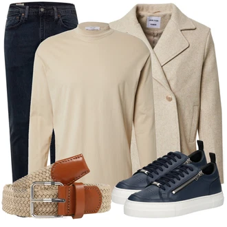 Winter Outfits mit Grau/Rosa/Beige/Blau Sweatshirt DAN FOX APPAREL, Beige Gürtel DAN FOX APPAREL "Cooles Alltagsoutfit"