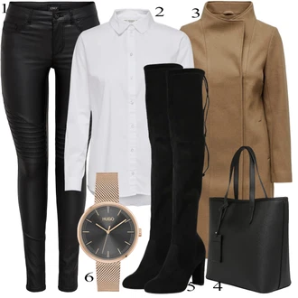 Sexy Outfit s Černá Kozačka nad Kolena/Kožená Kozačka nad Koleno/Dlouhá Kozačka/Plochá kozačka nad koleno/Kozačka po Kolena About You "Elegantní vzhled"Look: Ležérní, Elegantní, Cool, Slavnostní, Old Money, Příliš oblečený, Sexy